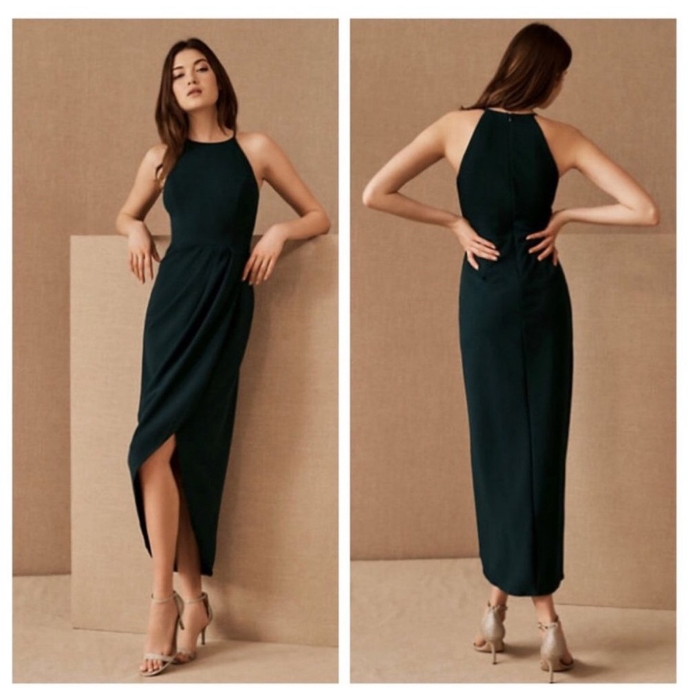 BHLDN Anthropologie Marceau High-Low Crepe Dress, Green, Size 4